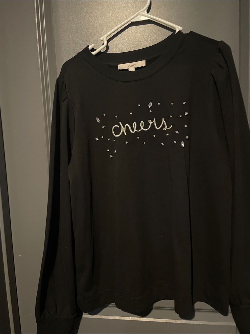 LOFT Black Embellished "cheers" Crewneck top NWOT